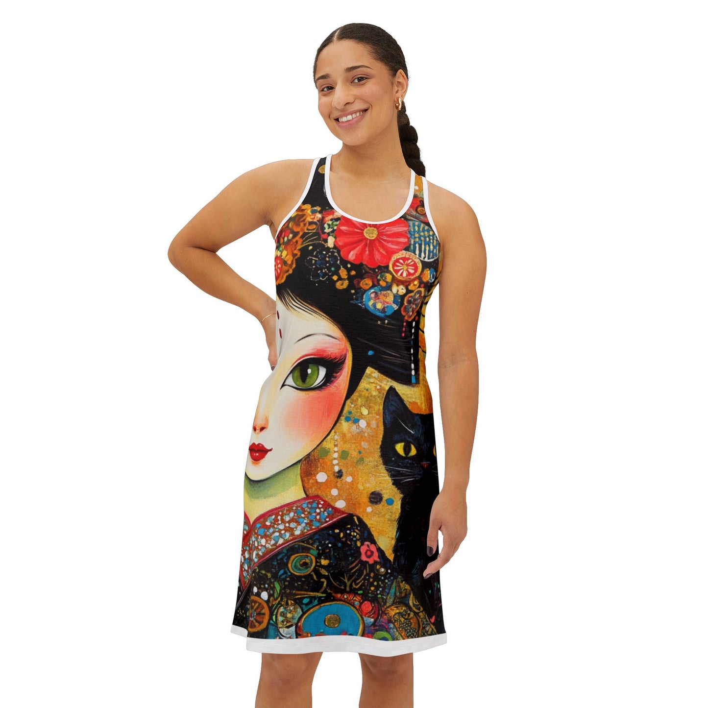 Geisha Cat Women’s Racerback Dress with Cat Design | Summer Fashion, Casual Dress, Beachwear, Festival Attire, Unique Gift