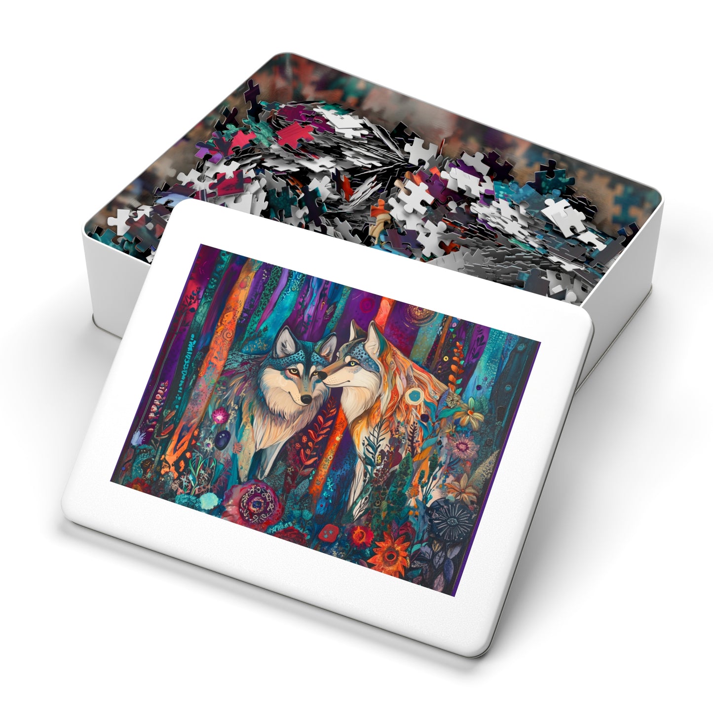 Mystic Wolves jigsaw puzzle with tin | colorful forest wolf art