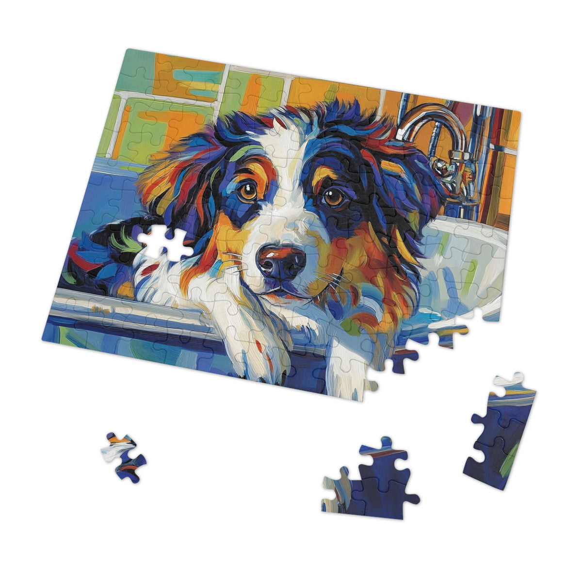 Bathtub Puppy Aussie Dog Jigsaw Puzzle with Tin | 500pc Painted Pet Art, Australian Shepherd Gift