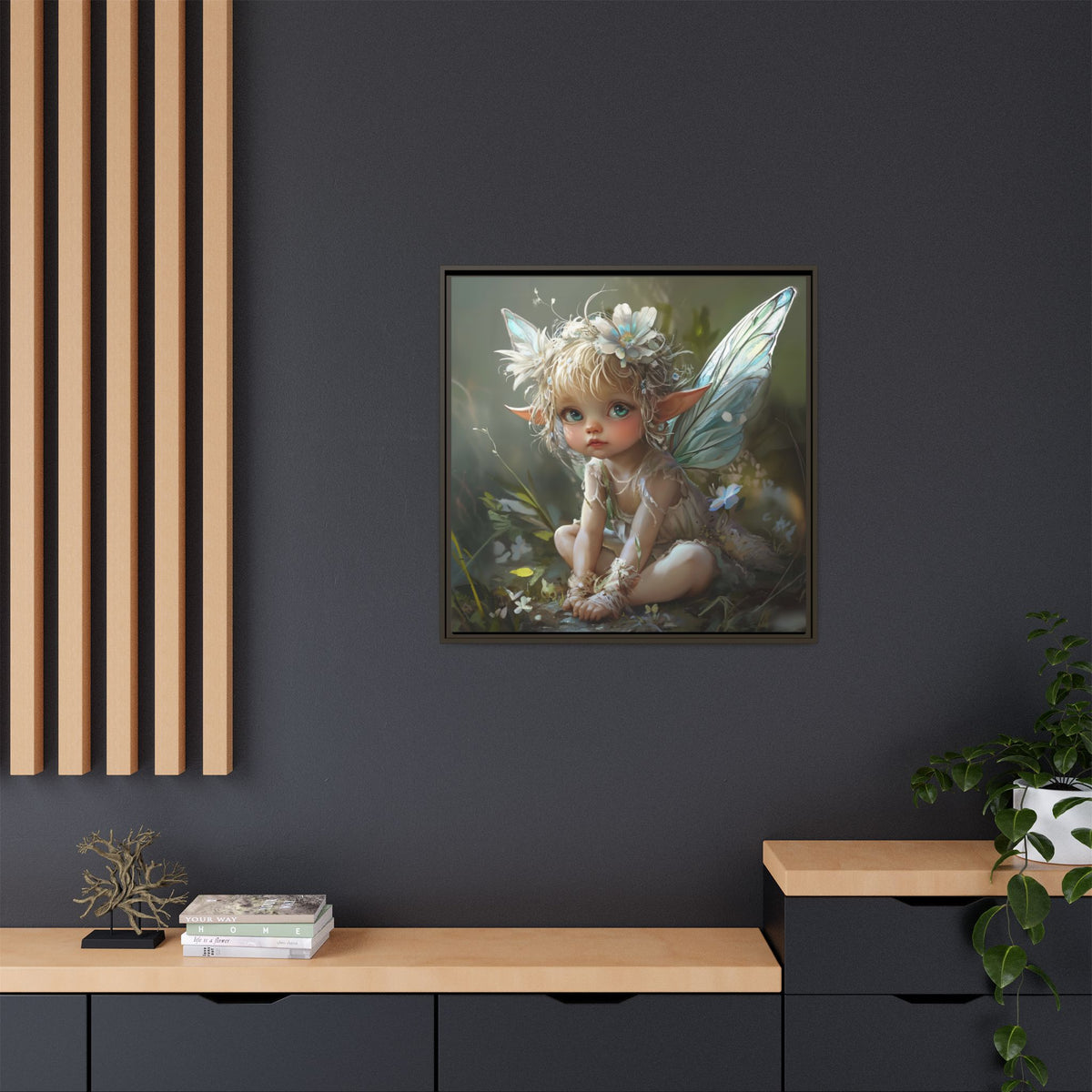 Baby Fairy Art Print, Framed Canvas, Whimsical Home Decor, Fairy Tale Gift, Magical Nursery Wall Art