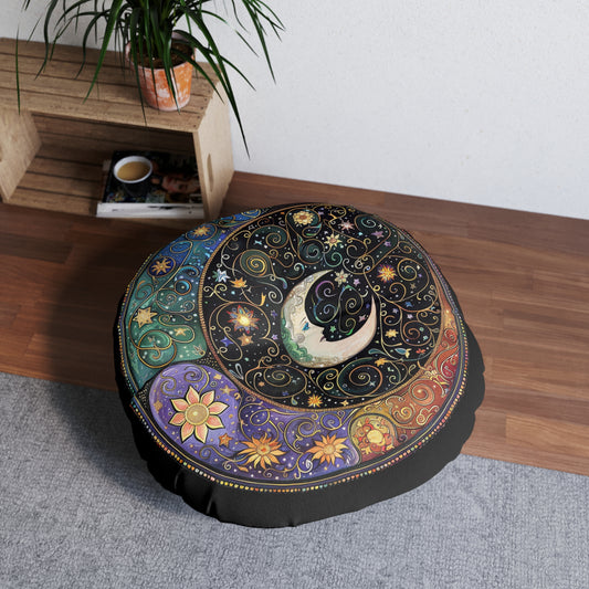 Celestial Tufted Floor Pillow, Round - Boho Home Décor, Meditation Cushion, Cosmic Decor, Astrology, Gift for Star Lovers