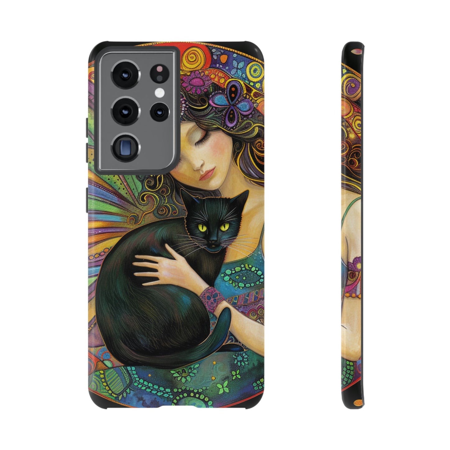 Artistic Phone Case, Celestial Cat Case, Bohemian Style, Gift for Cat Lovers, Unique Phone Protection, Colorful Design