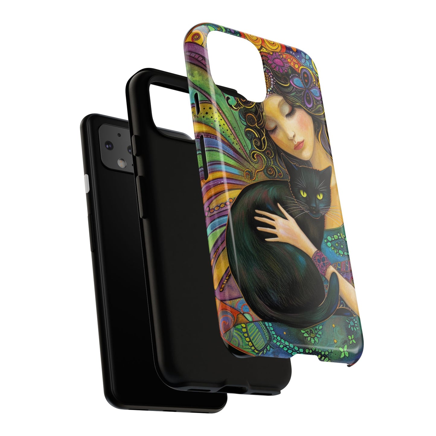 Artistic Phone Case, Celestial Cat Case, Bohemian Style, Gift for Cat Lovers, Unique Phone Protection, Colorful Design