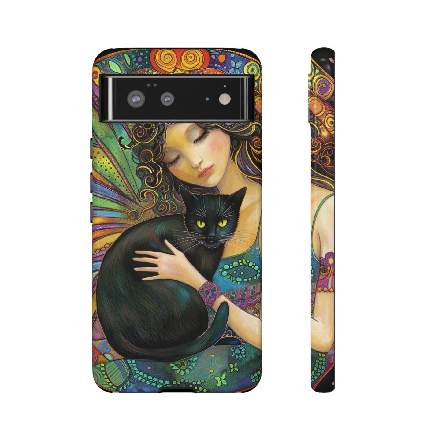Artistic Phone Case, Celestial Cat Case, Bohemian Style, Gift for Cat Lovers, Unique Phone Protection, Colorful Design