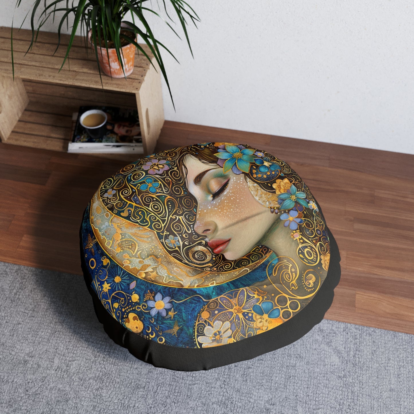 Lady of The Moon Bohemian Round Tufted Floor Pillow, Cozy Home Decor, Meditation Cushion, Artistic Pillow, Gift for Her