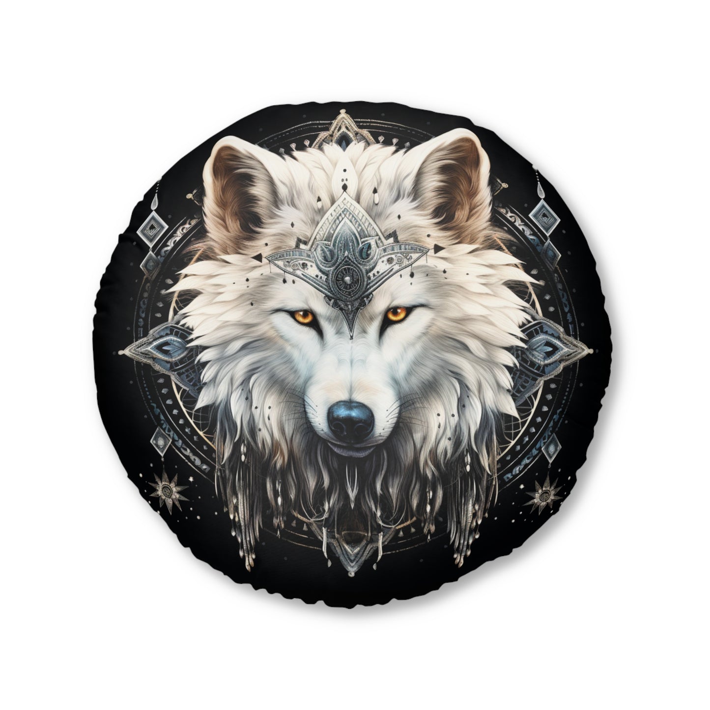 Bohemian Wolf Tufted Floor Pillow, Round Decorative Cushion, Cozy Living Room Decor, Boho Home Accent, Gift Idea for Animal Lovers