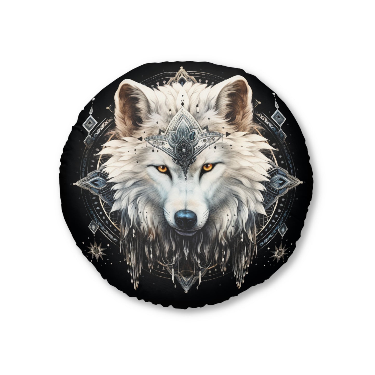 Bohemian Wolf Tufted Floor Pillow, Round Decorative Cushion, Cozy Living Room Decor, Boho Home Accent, Gift Idea for Animal Lovers