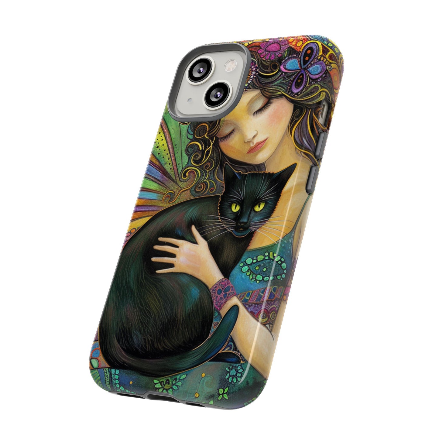 Artistic Phone Case, Celestial Cat Case, Bohemian Style, Gift for Cat Lovers, Unique Phone Protection, Colorful Design
