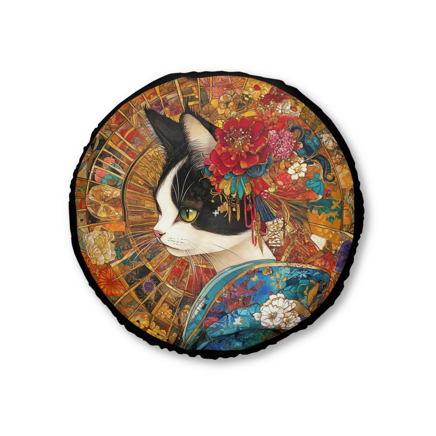 Elegant Geisha Cat Tufted Floor Pillow, Round, Cozy Home Decor, Cat Lover Gift, Boho Style Cushion, Unique Art Accent