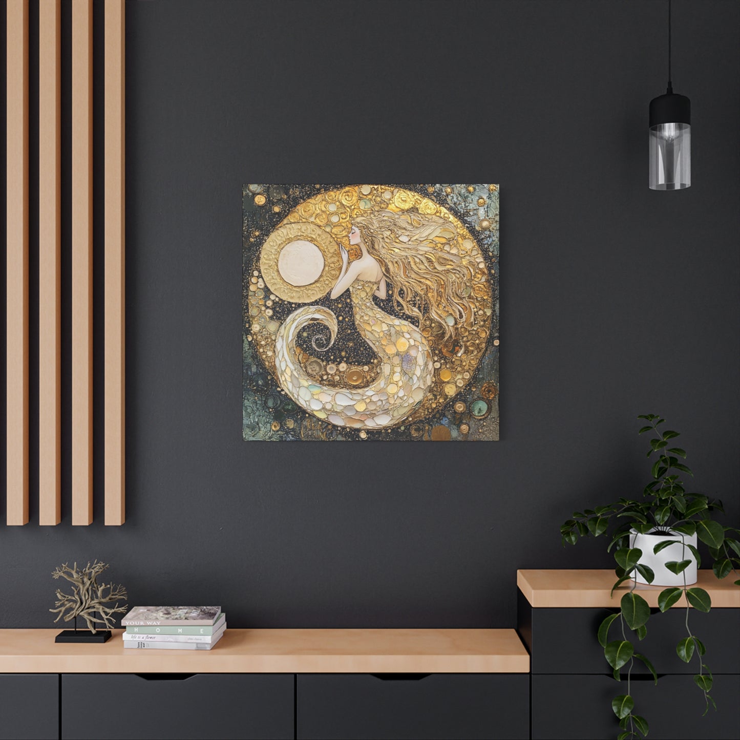 Mermaid Moon Art Canvas, Magical Home Decor, Coastal Vibes, Bohemian Wall Art, Gift for Sea Lovers, Nautical Aesthetic, Unique Art Piece