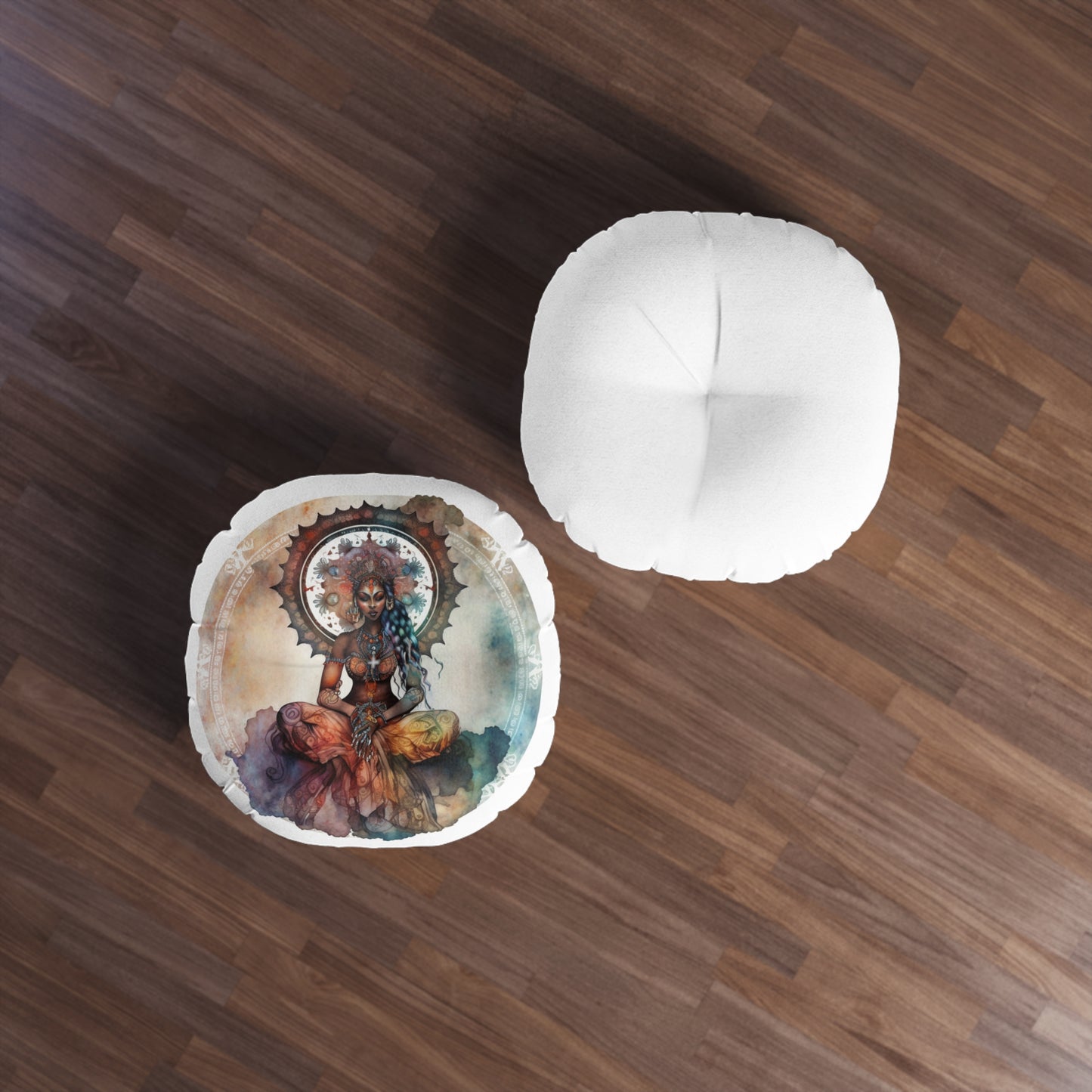 Bohemian Mystical Goddess Round Tufted Floor Pillow, Meditation Cushion, Boho Decor, Cozy Home Accent, Yoga Studio Essential