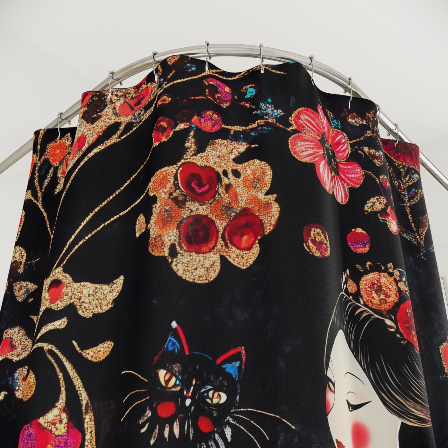 Geisha Cat Shower Curtain, Bohemian Home Decor, Nautical Bathroom Accessory, Unique Gift for Her, Zen Oasis Decoration