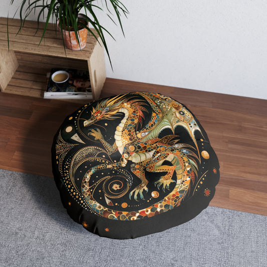 Dragon-Themed Tufted Floor Pillow, Bohemian Living Room Decor, Cozy Seating, Unique Gift, Fantasy Home Accent