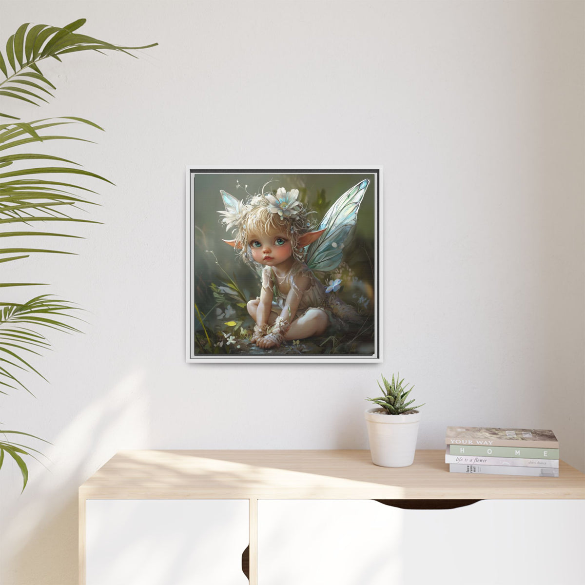 Baby Fairy Art Print, Framed Canvas, Whimsical Home Decor, Fairy Tale Gift, Magical Nursery Wall Art