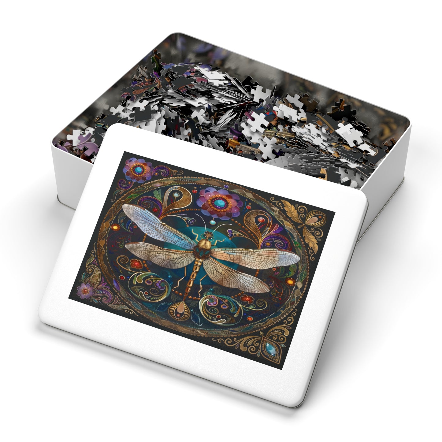 Ornate Dragonfly Mandala Jigsaw Puzzle with Tin | Vintage Floral Puzzle
