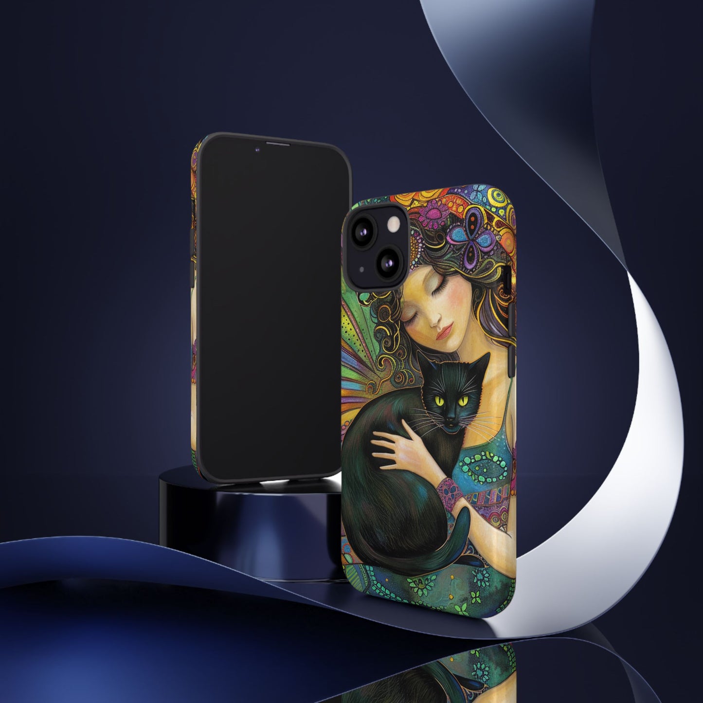 Artistic Phone Case, Celestial Cat Case, Bohemian Style, Gift for Cat Lovers, Unique Phone Protection, Colorful Design