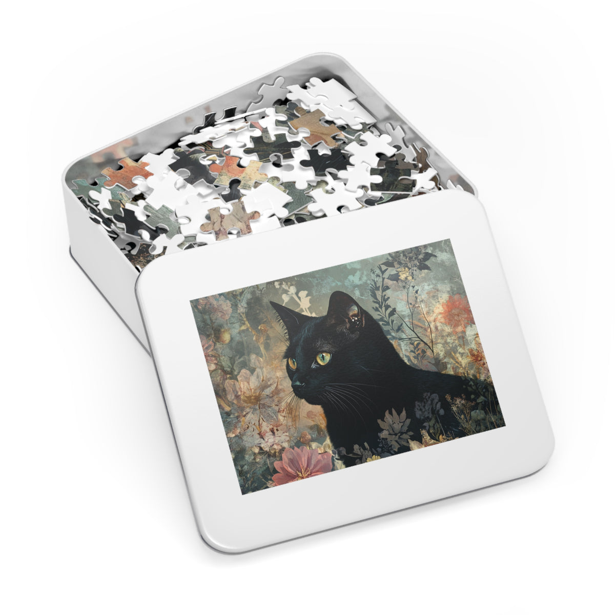 Black Cat Floral Art Jigsaw Puzzle with Tin