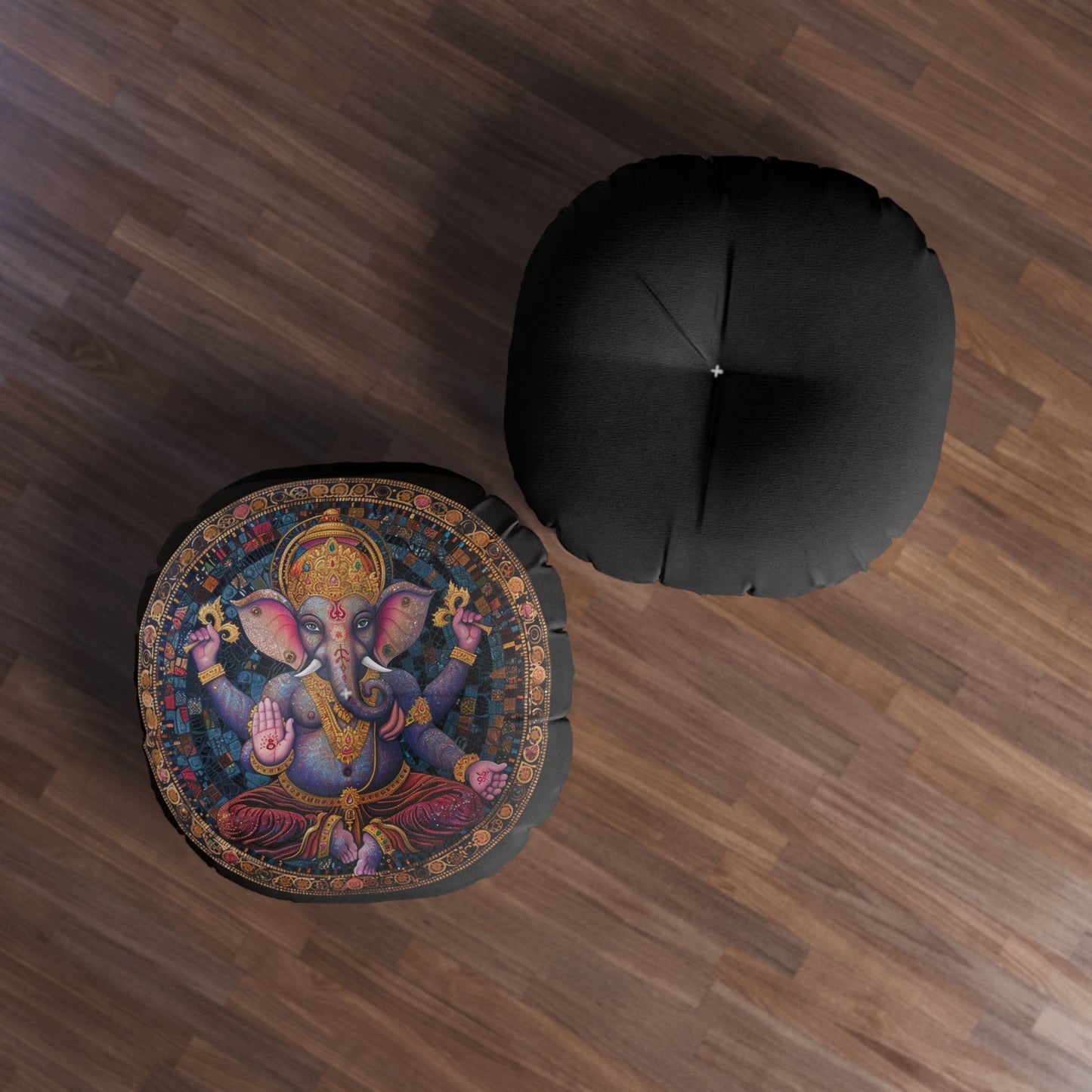 Ganesha Meditative Tufted Floor Pillow, Bohemian Decor, Round Cushion, Relaxation Seat, Yoga Mat Accessory, Ganesha Art Pillow