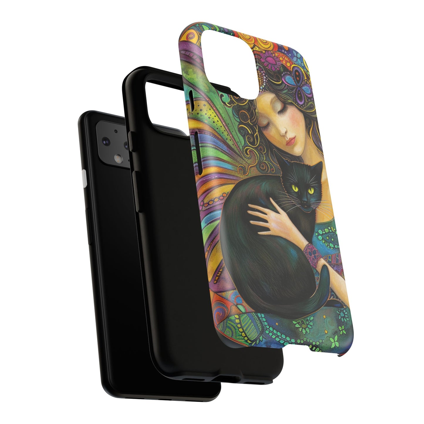 Artistic Phone Case, Celestial Cat Case, Bohemian Style, Gift for Cat Lovers, Unique Phone Protection, Colorful Design