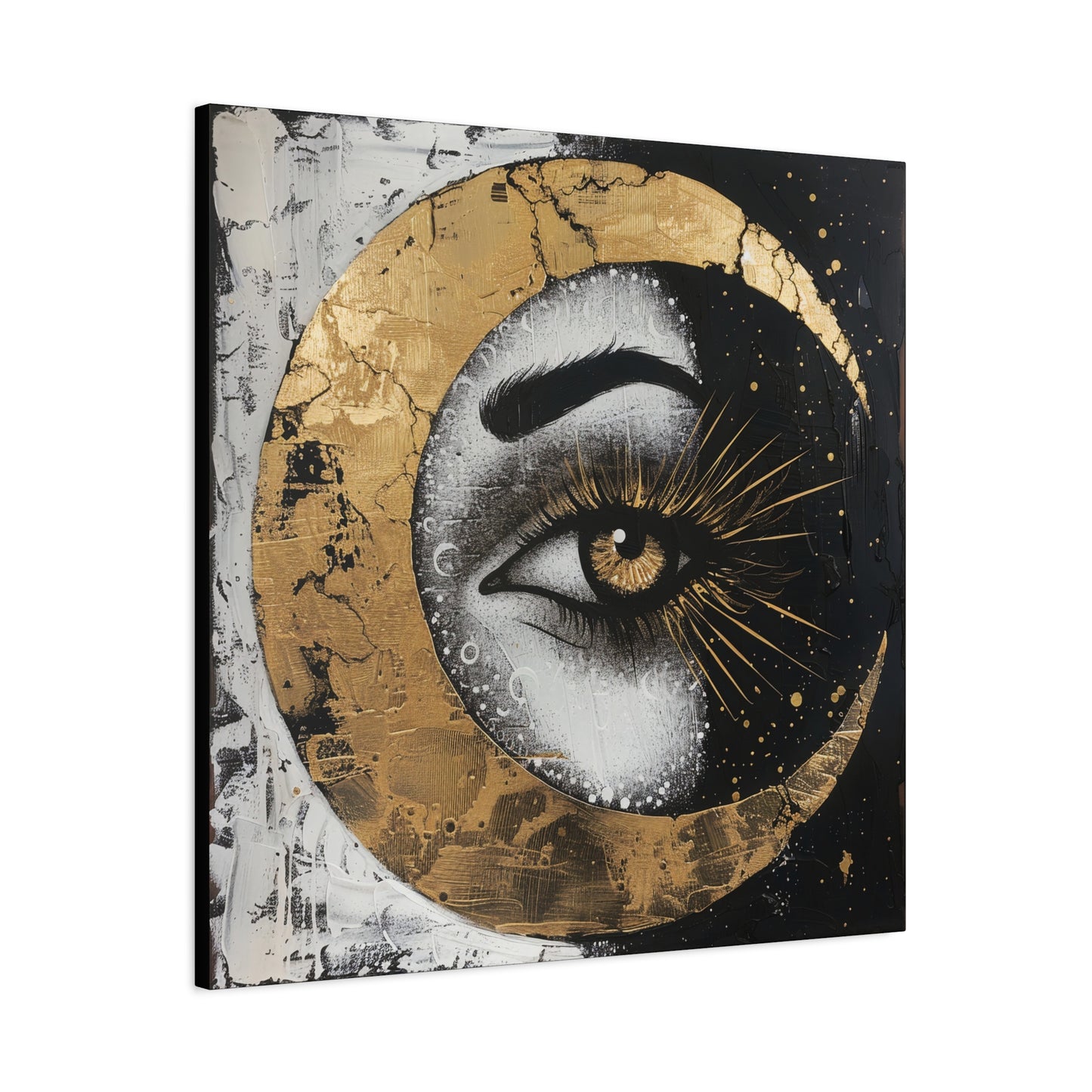 Celestial Eye Canvas Art, Gold Moon Wall Decor, Modern Home Aesthetic, Spiritual Artwork, Gift for Meditation, Boho Living Room Accent