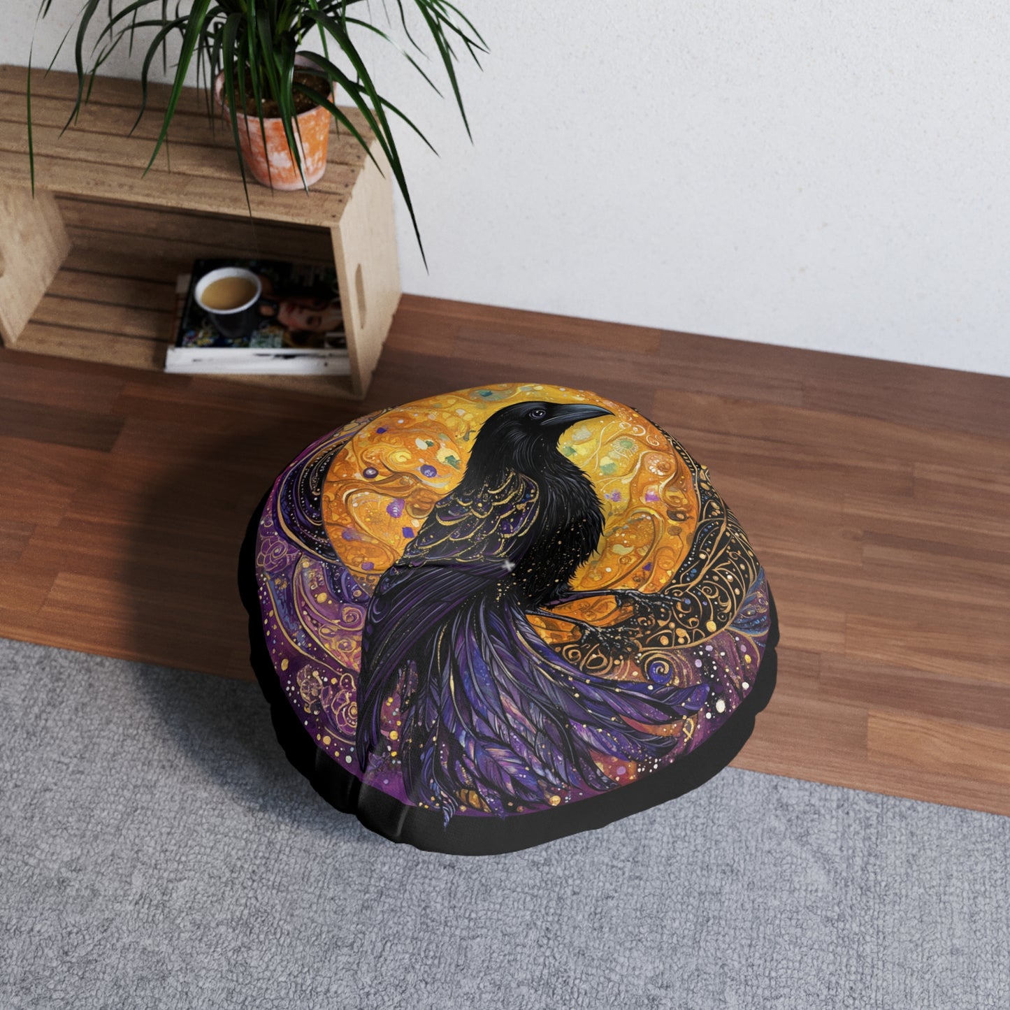 Mystical Raven Tufted Floor Pillow, Decorative Cushion, Cozy Boho Décor, Living Room Accessory, Unique Gift Idea, Home & Décor