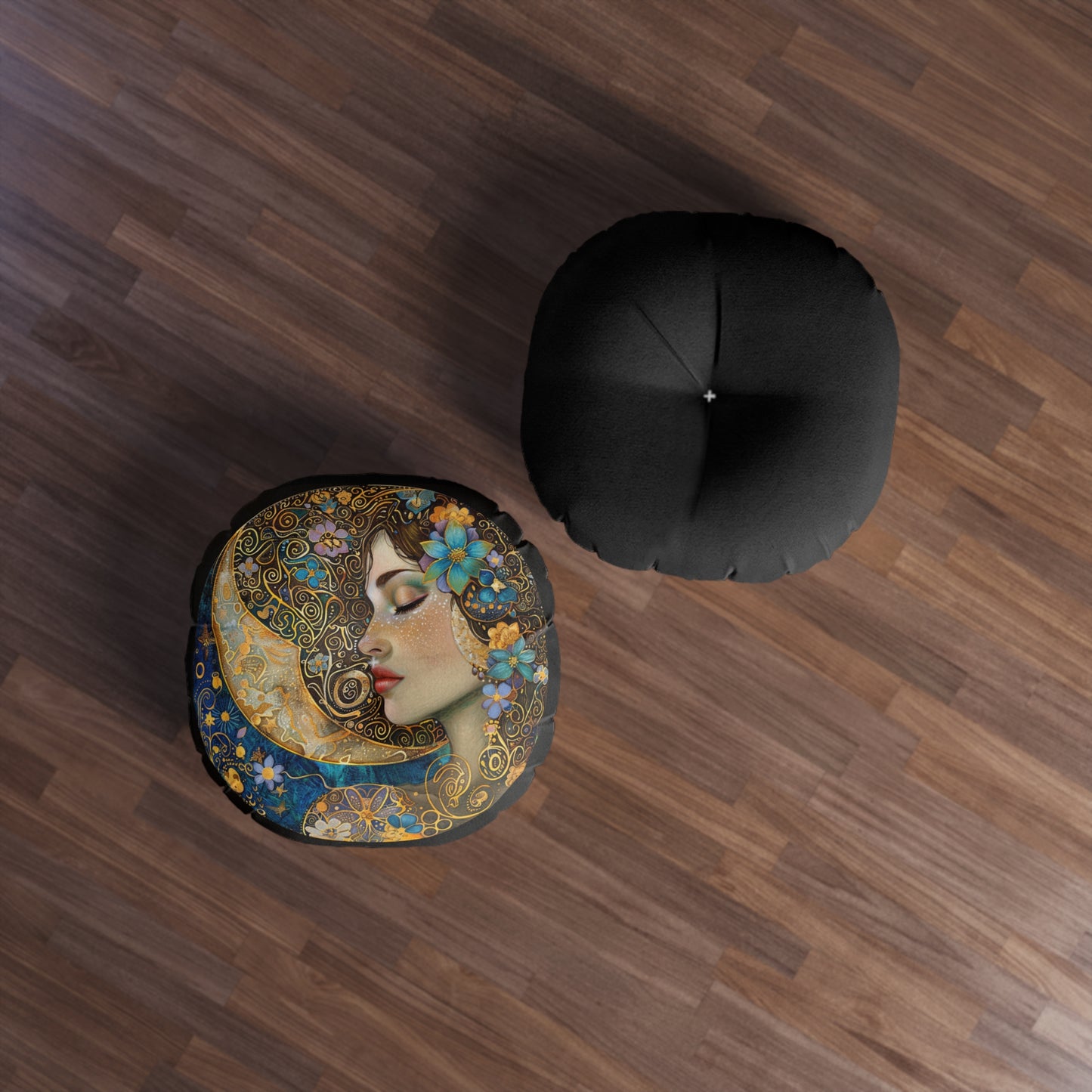 Lady of The Moon Bohemian Round Tufted Floor Pillow, Cozy Home Decor, Meditation Cushion, Artistic Pillow, Gift for Her