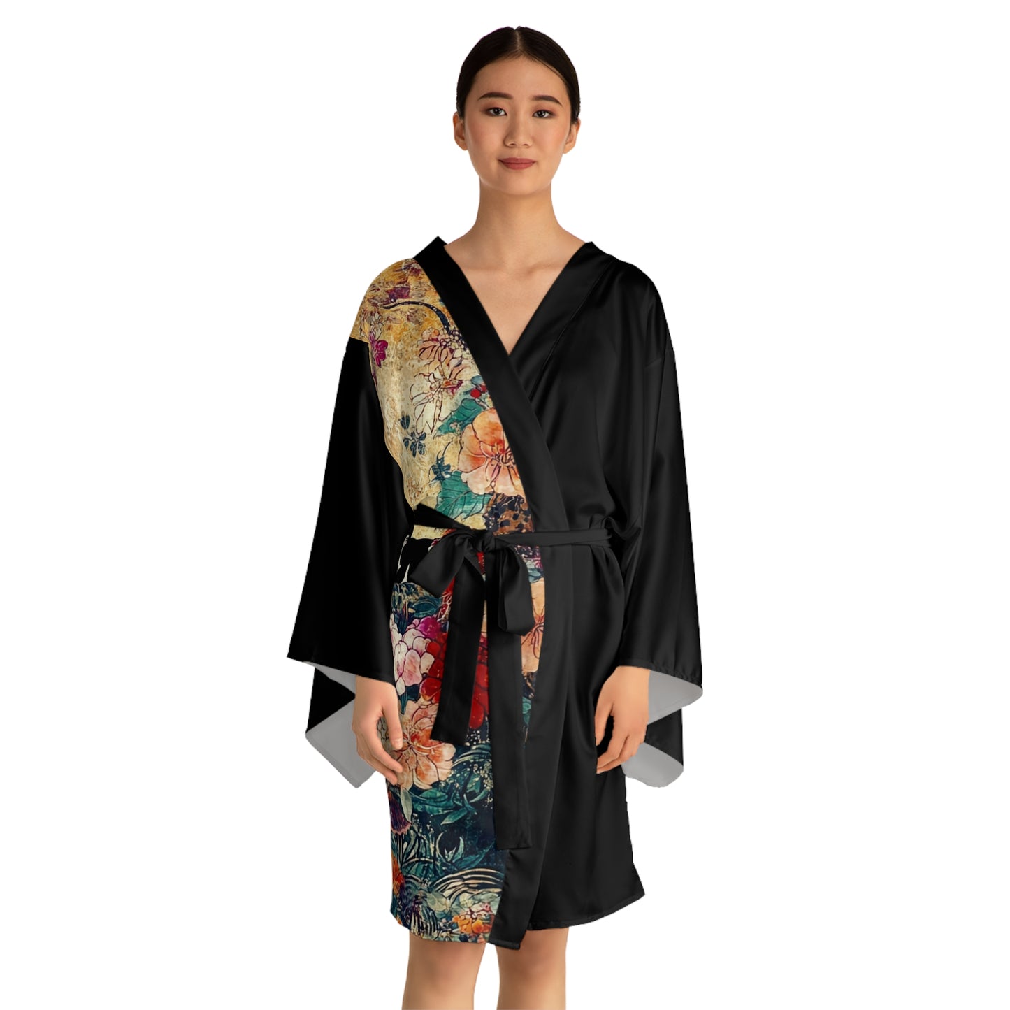 Geisha Cat Elegant Long Sleeve Kimono Robe, Cat-Themed Loungewear, Perfect for Relaxation, Gift for Cat Lovers, Cozy Home Decor