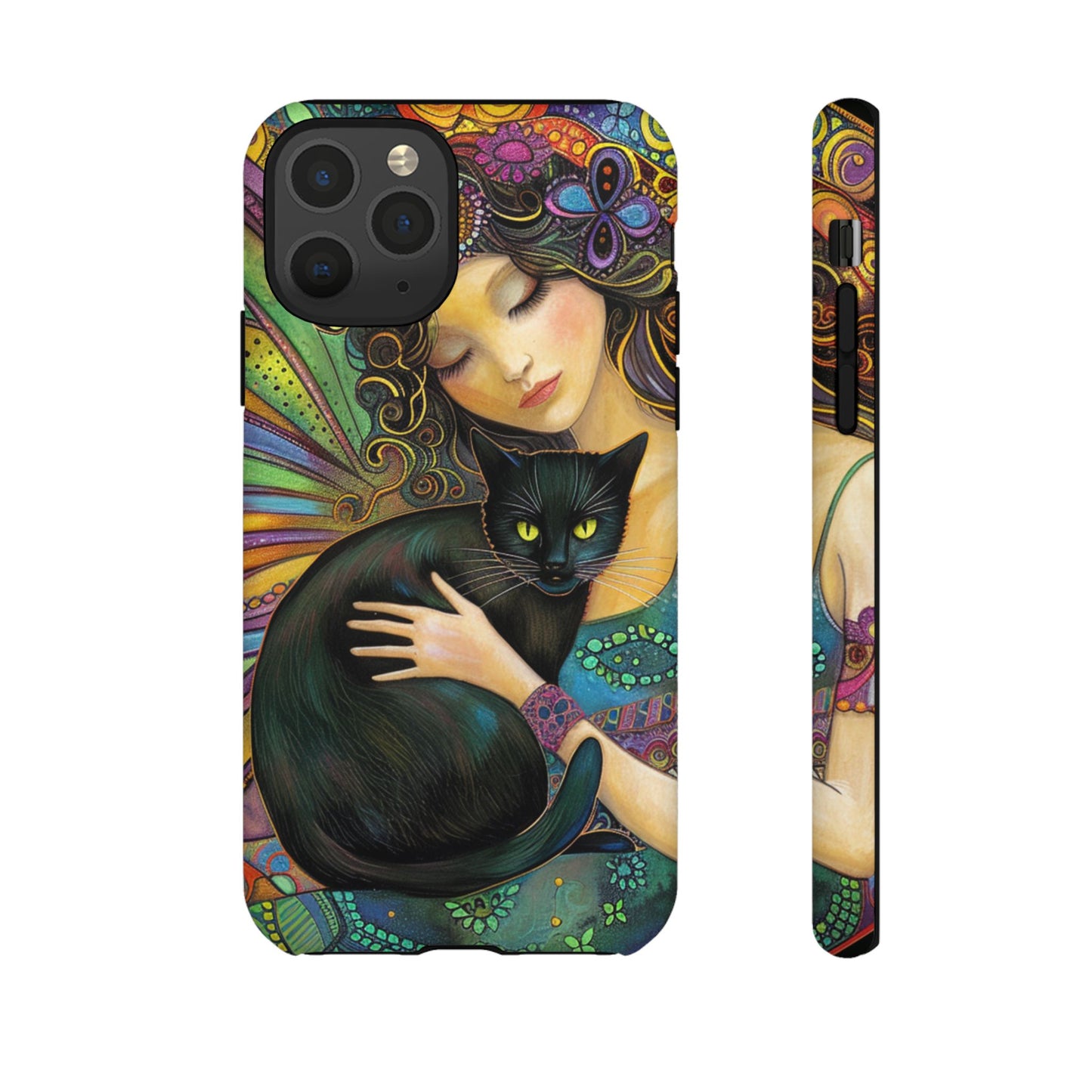 Artistic Phone Case, Celestial Cat Case, Bohemian Style, Gift for Cat Lovers, Unique Phone Protection, Colorful Design