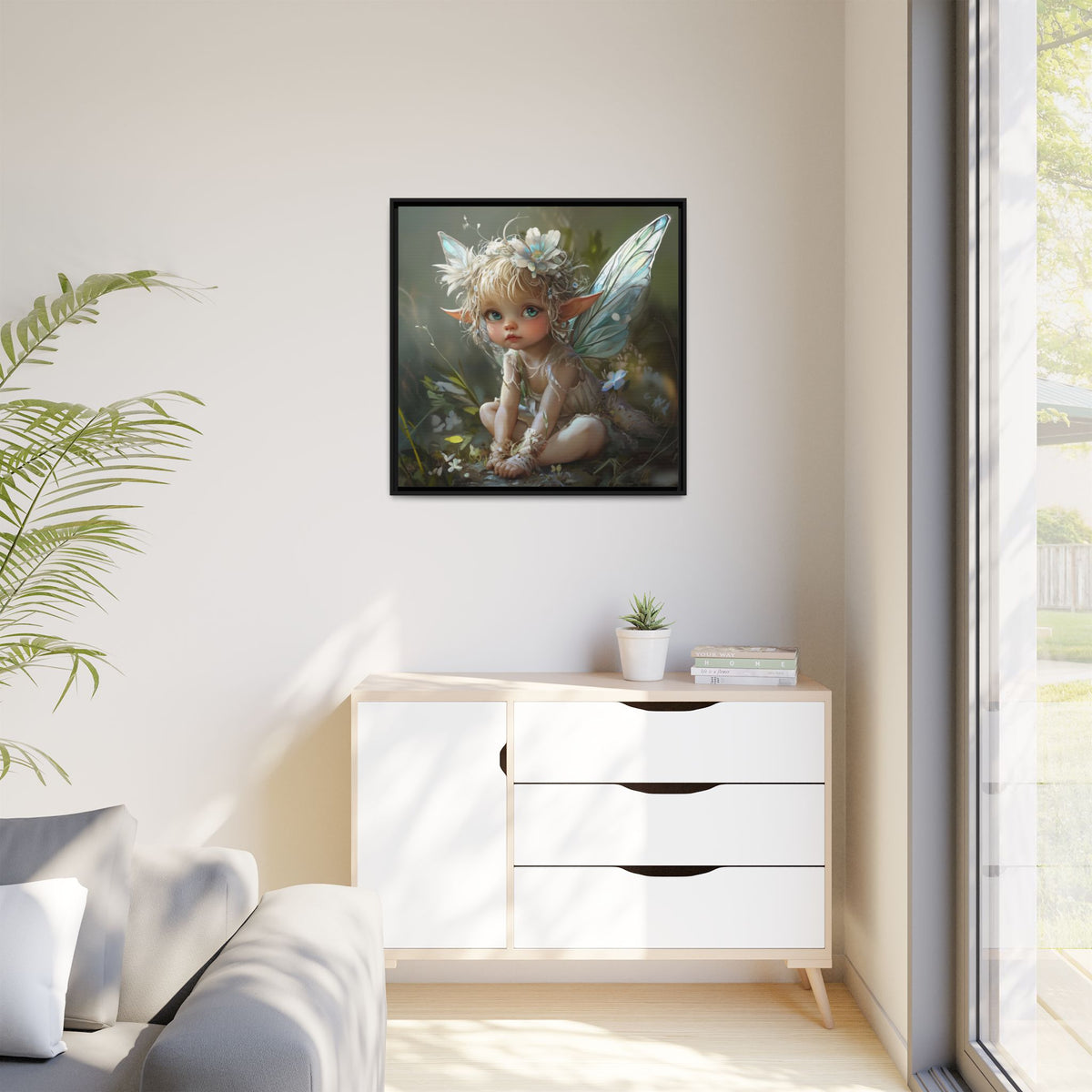Baby Fairy Art Print, Framed Canvas, Whimsical Home Decor, Fairy Tale Gift, Magical Nursery Wall Art