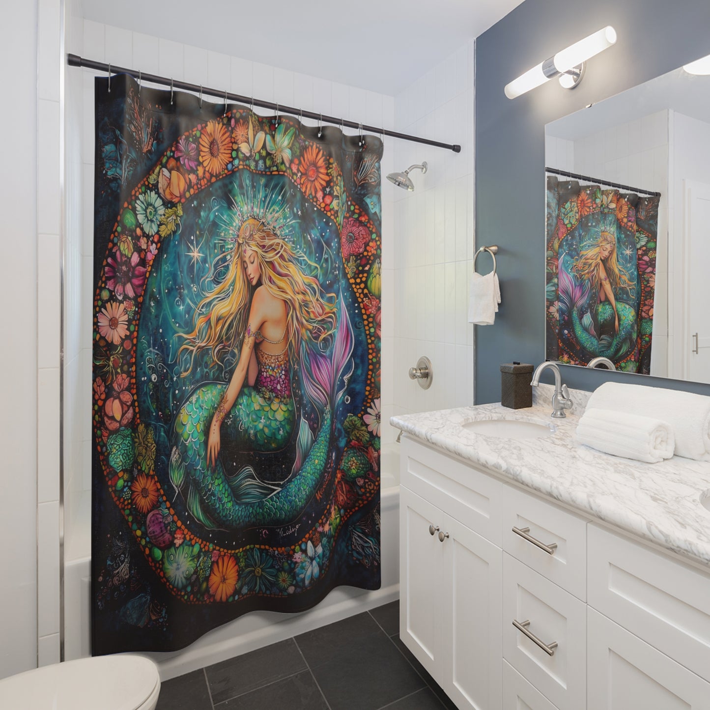Mermaid Floral Shower Curtain, Boho Bathroom Decor, Ocean Theme Gift, Mermaid Print Curtain, Nature Inspired Home Decor