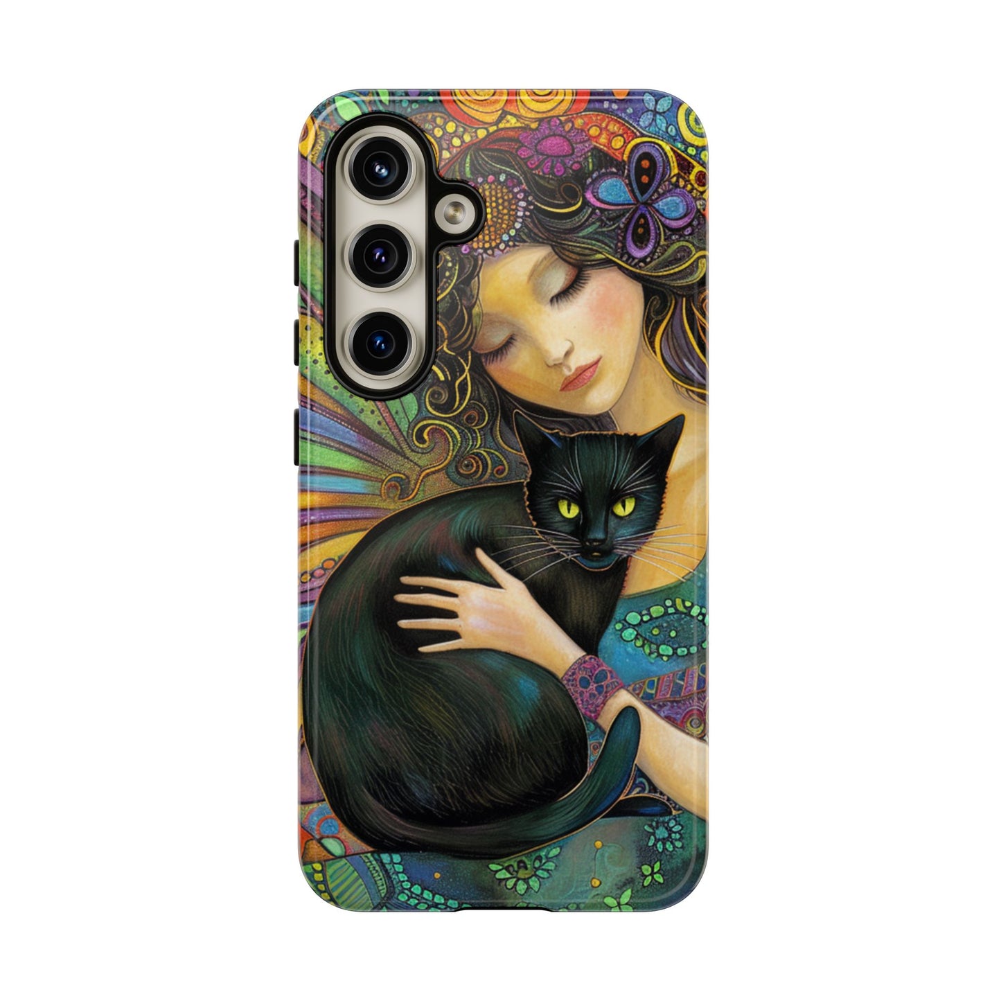 Artistic Phone Case, Celestial Cat Case, Bohemian Style, Gift for Cat Lovers, Unique Phone Protection, Colorful Design
