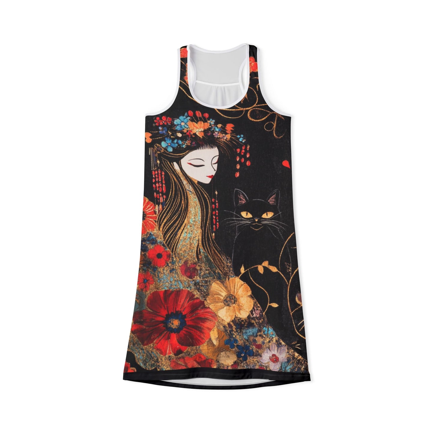 Geisha Cat Floral Racerback Dress, Summer Casual Dress, Ideal for Festivals, Beach Wear, Unique Gift for Women, Art Inspired Fashion