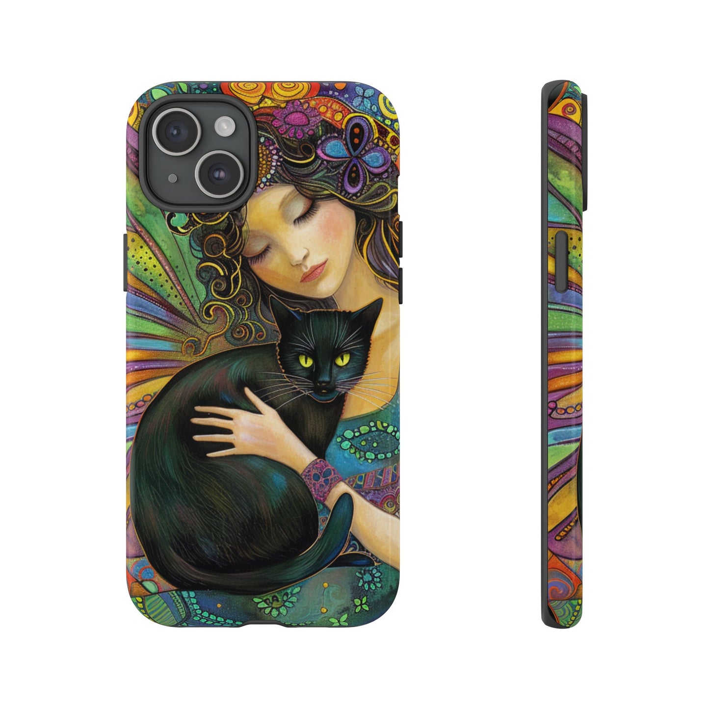 Artistic Phone Case, Celestial Cat Case, Bohemian Style, Gift for Cat Lovers, Unique Phone Protection, Colorful Design