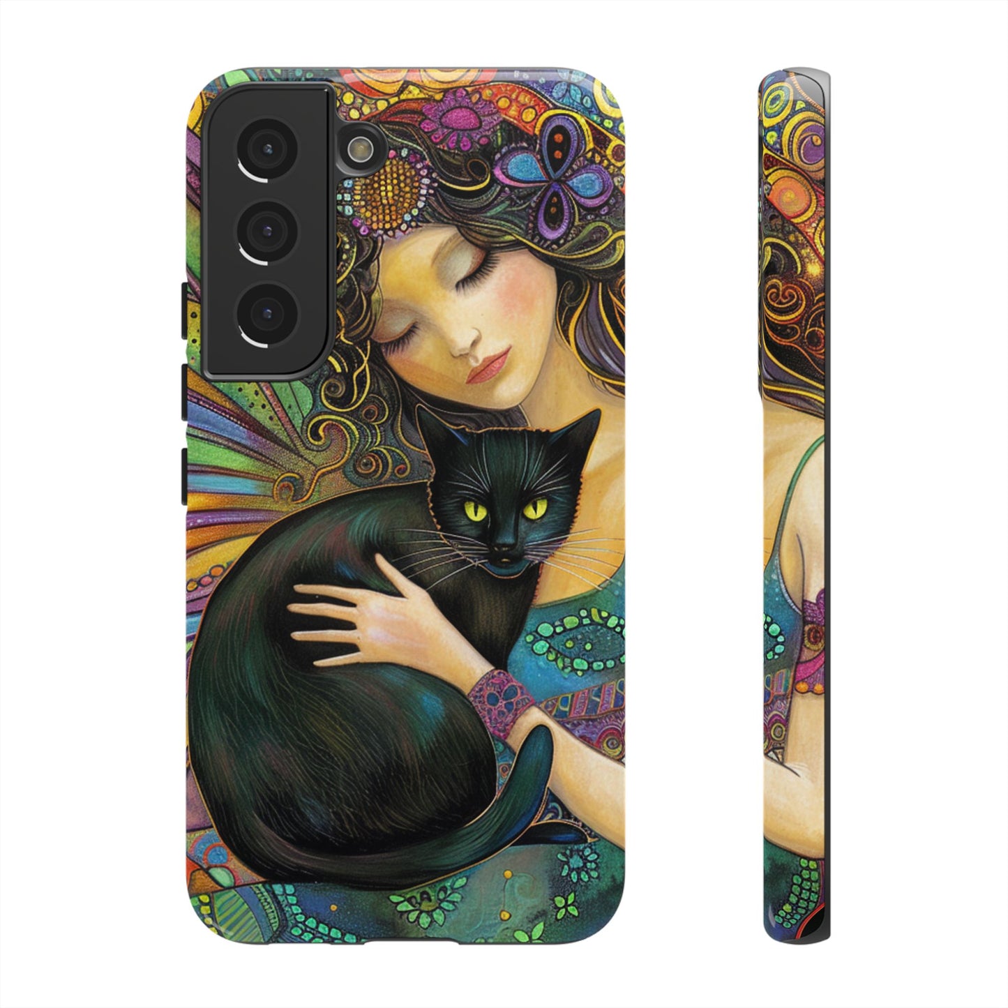 Artistic Phone Case, Celestial Cat Case, Bohemian Style, Gift for Cat Lovers, Unique Phone Protection, Colorful Design