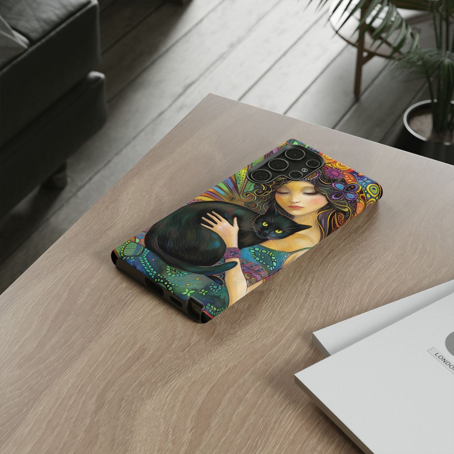 Artistic Phone Case, Celestial Cat Case, Bohemian Style, Gift for Cat Lovers, Unique Phone Protection, Colorful Design