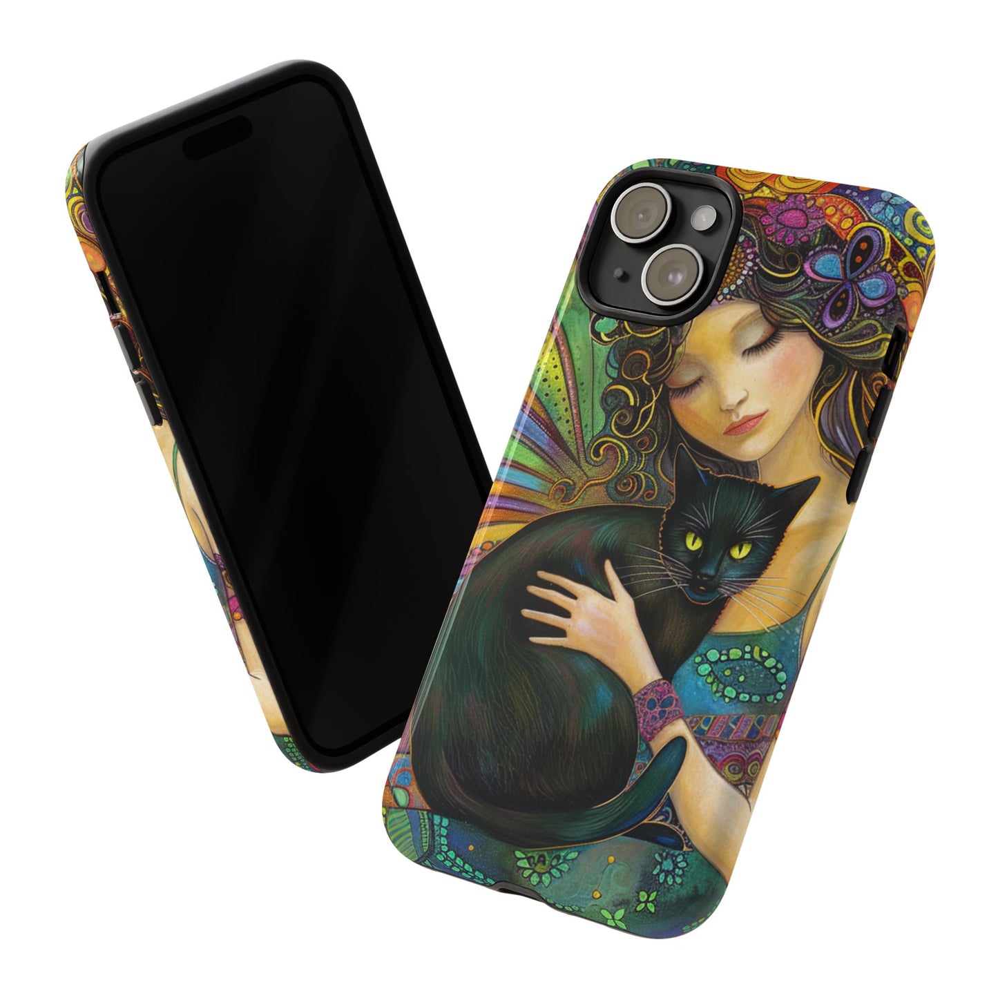 Artistic Phone Case, Celestial Cat Case, Bohemian Style, Gift for Cat Lovers, Unique Phone Protection, Colorful Design