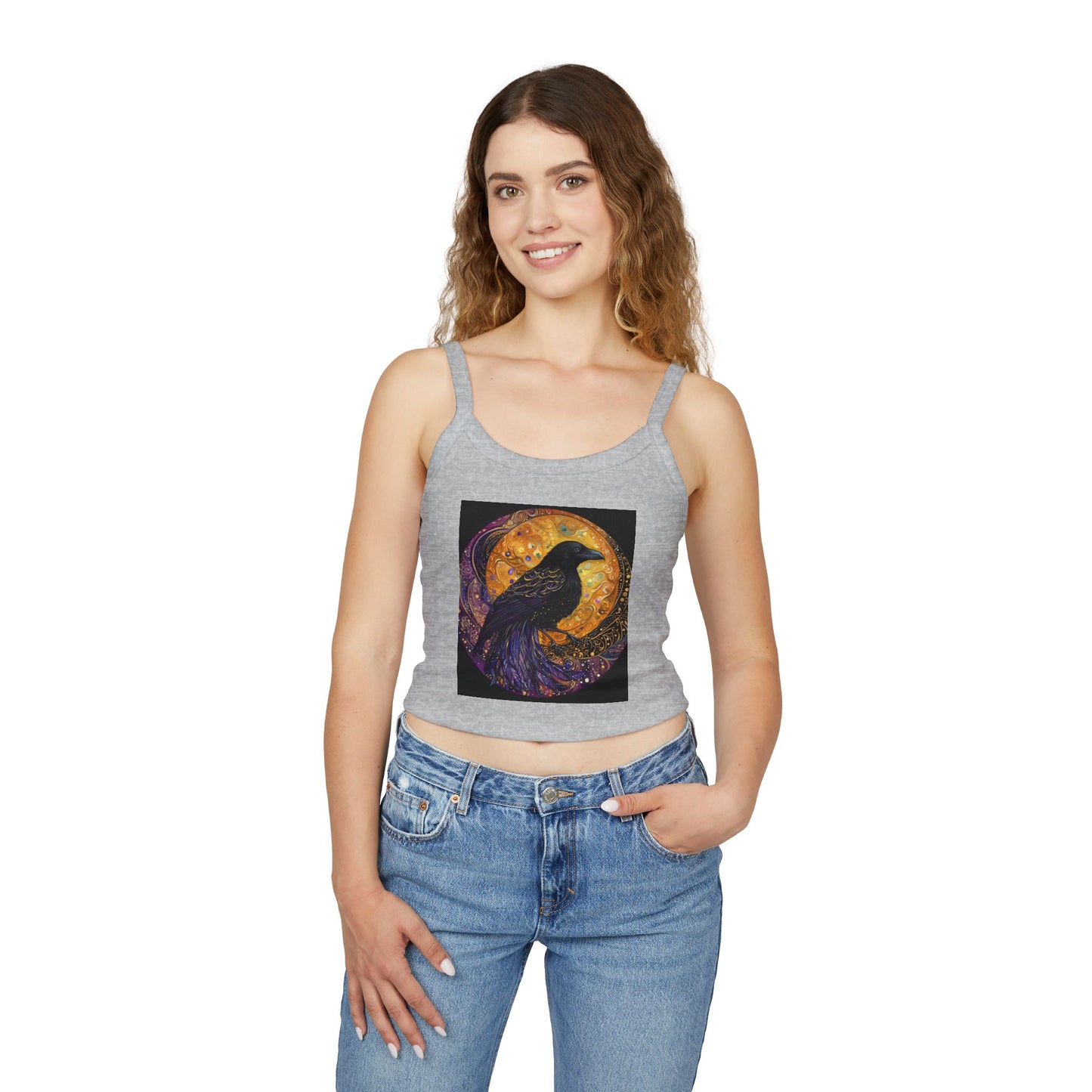 Boho Raven Spaghetti Strap Tank Top, Witchy Apparel, Summer Fashion, Festival Wear, Unique Gift, Cosmic Design