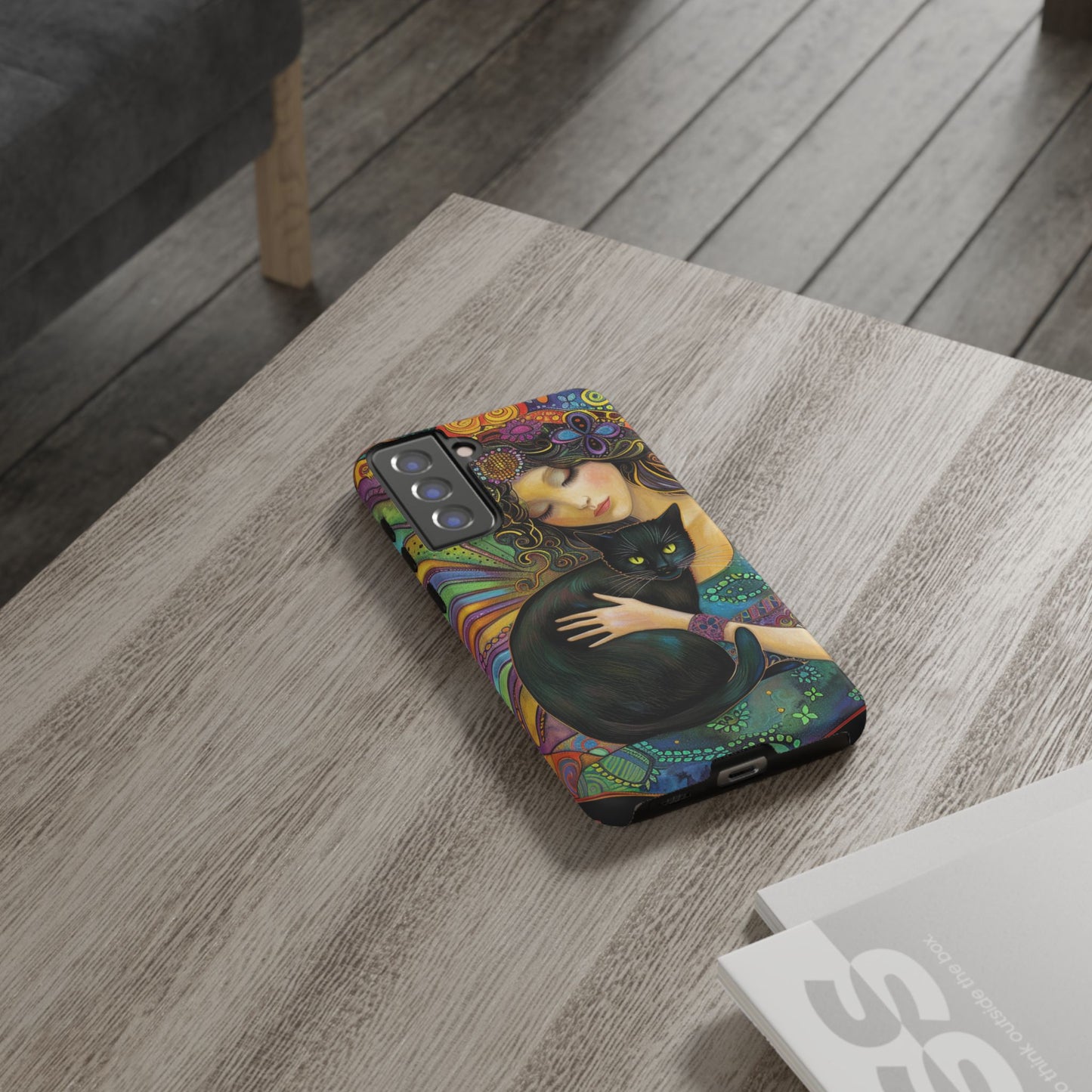 Artistic Phone Case, Celestial Cat Case, Bohemian Style, Gift for Cat Lovers, Unique Phone Protection, Colorful Design