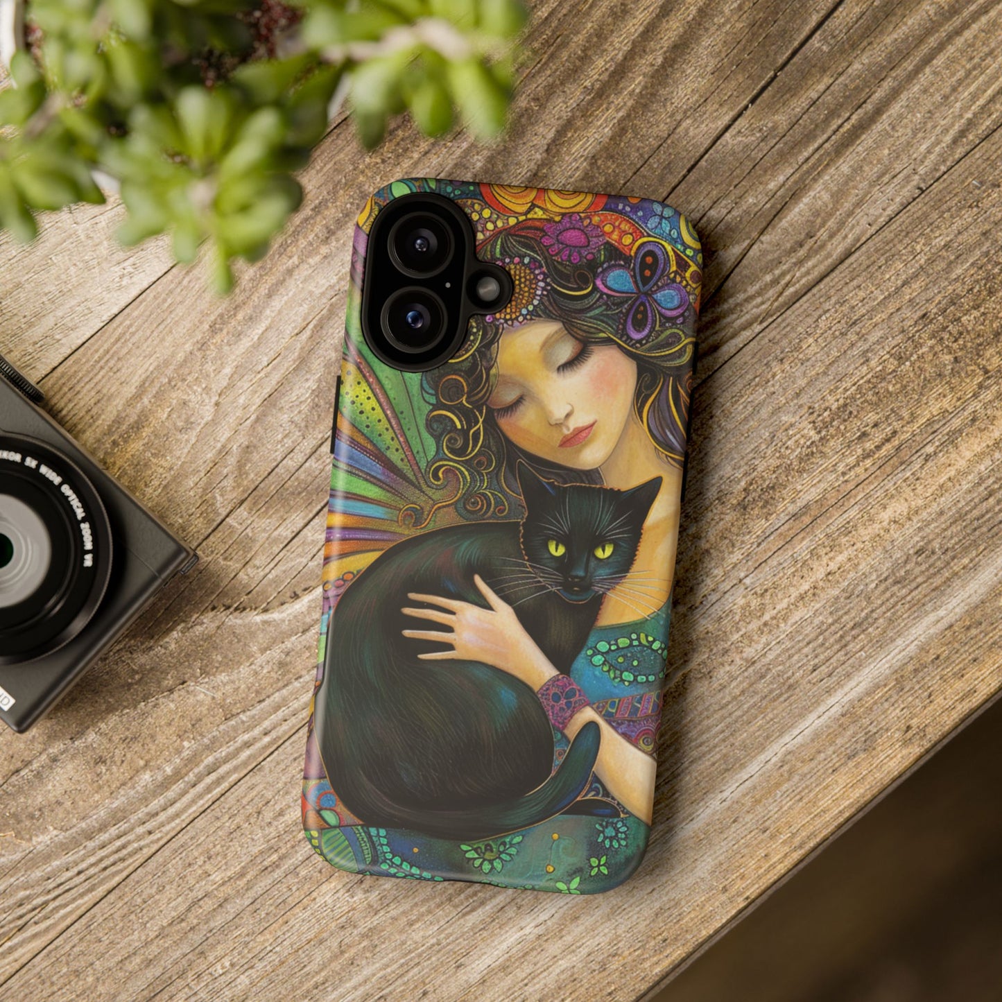 Artistic Phone Case, Celestial Cat Case, Bohemian Style, Gift for Cat Lovers, Unique Phone Protection, Colorful Design