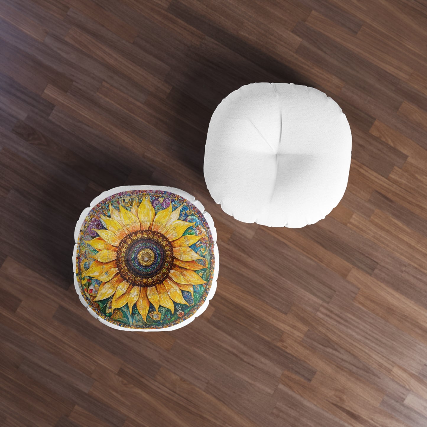 Sunflower Tufted Floor Pillow, Round - Boho Home Decor, Cozy Seating Cushion, Flower Pattern Accent Pillow, Nature Inspired Gift