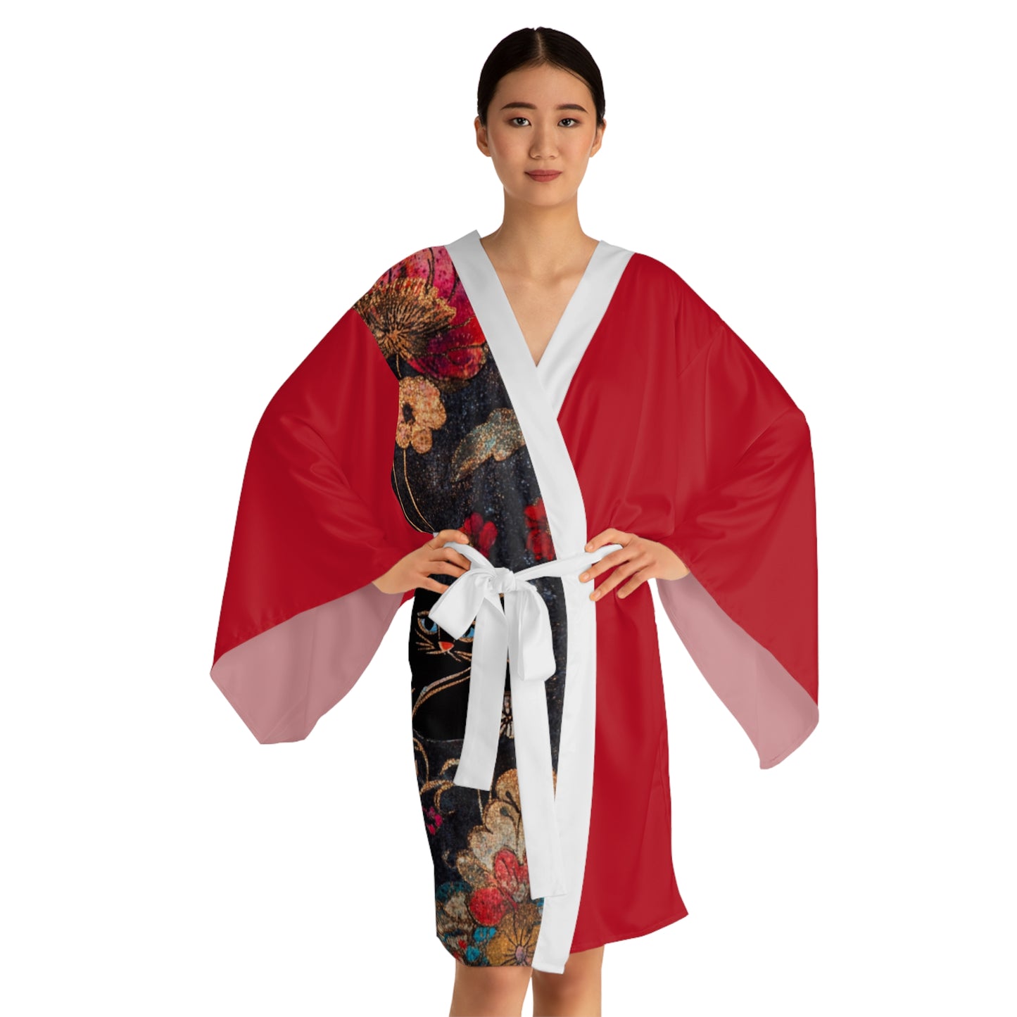 Geisha Cat-Pattern Long Sleeve Kimono Robe, Cozy Lounge Wear, Perfect for Relaxation, Gifts, Home Spa, Traditional Style