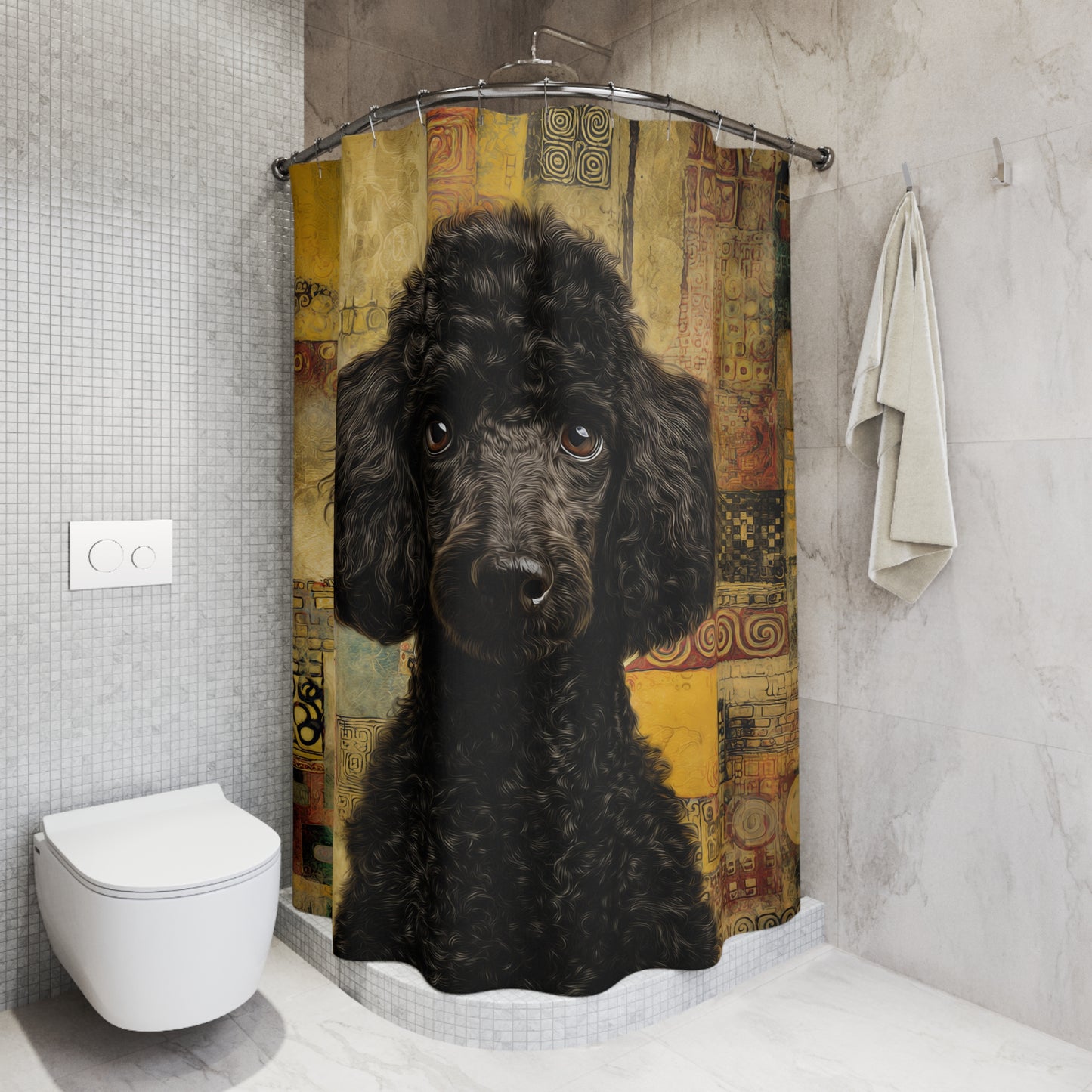 Anthro Black Poodle Shower Curtain — Artistic Vintage Patchwork Bathroom Decor