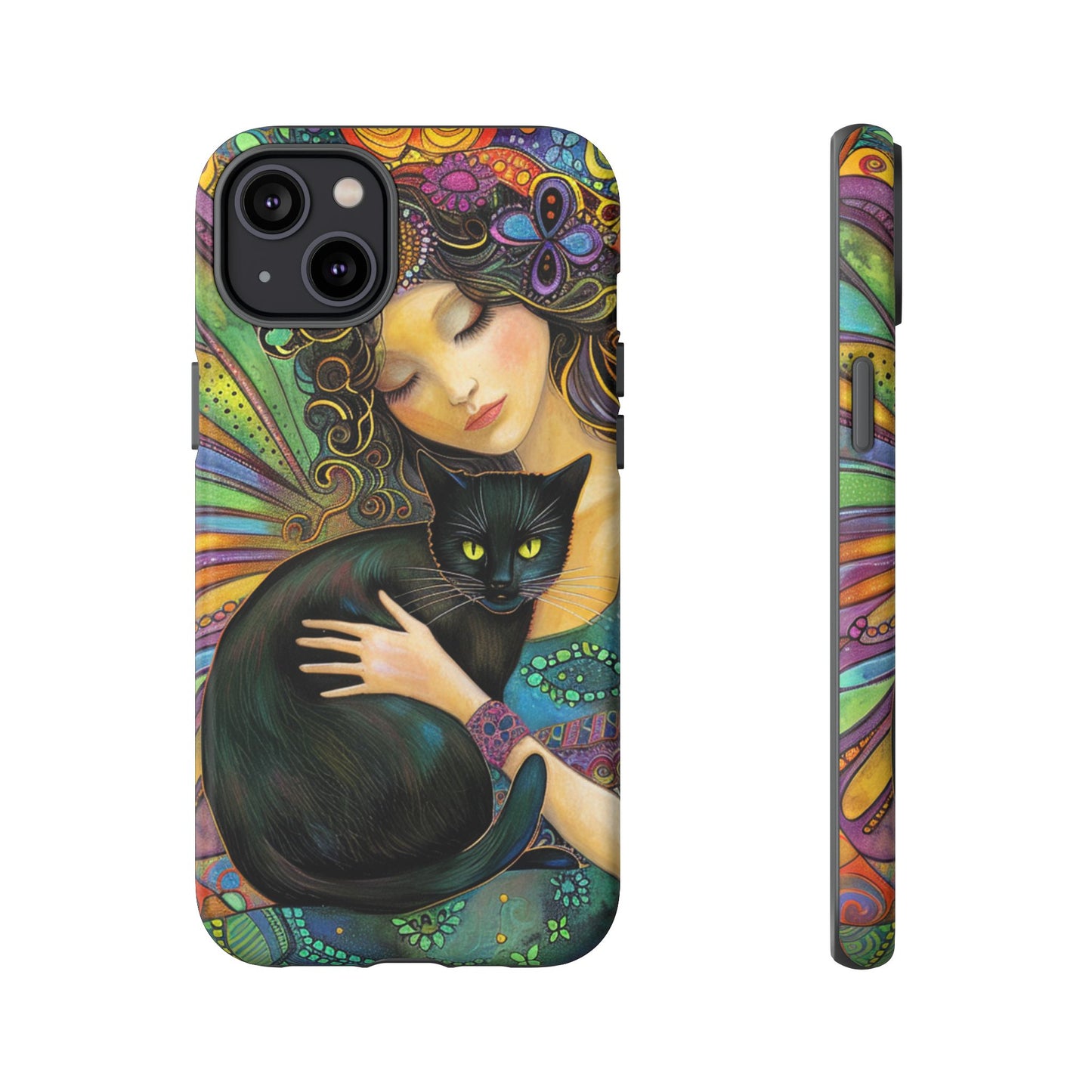 Artistic Phone Case, Celestial Cat Case, Bohemian Style, Gift for Cat Lovers, Unique Phone Protection, Colorful Design