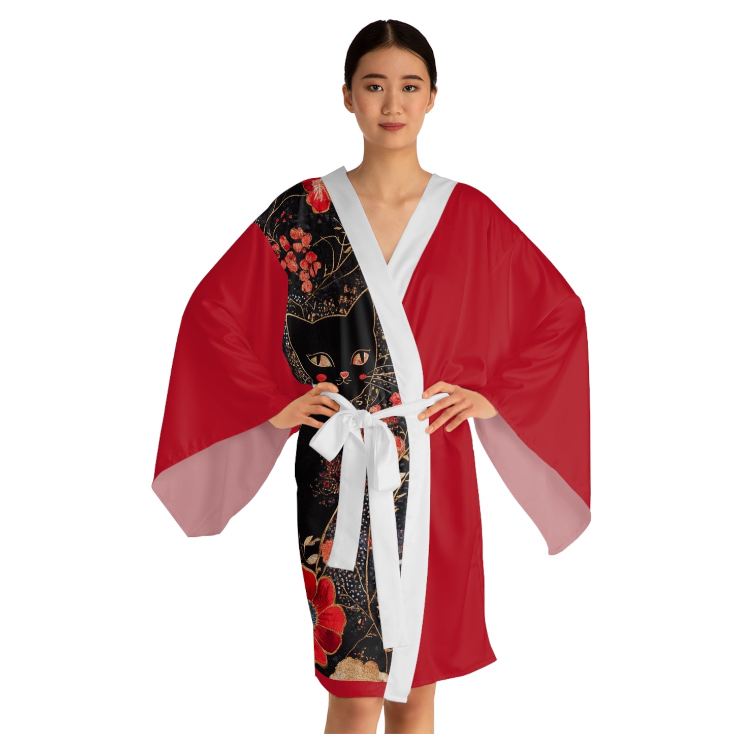 Geisha Cat Elegant Long Sleeve Kimono Robe, Cozy Loungewear, Perfect Gift for Her, Zen Home Decor, Cat Lovers' Style