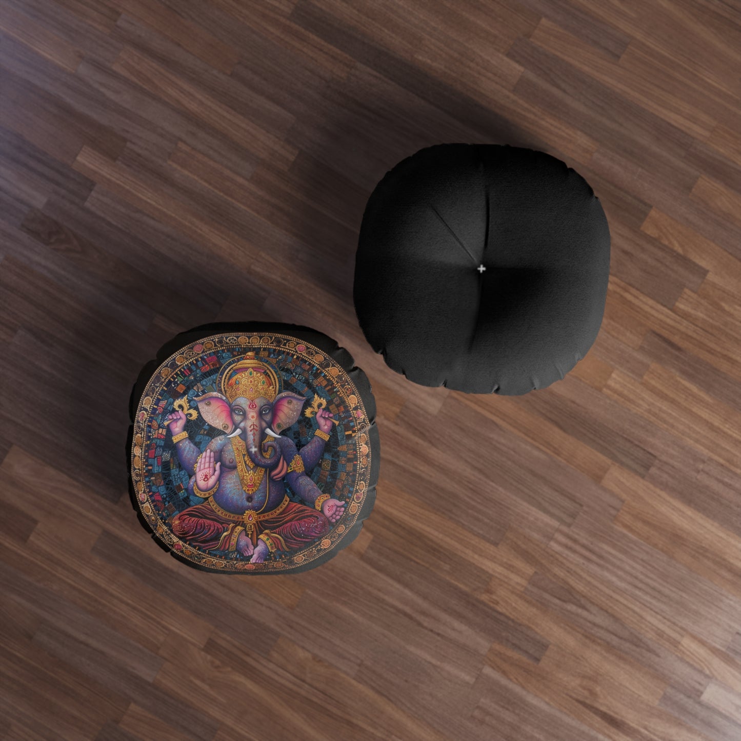 Ganesha Meditative Tufted Floor Pillow, Bohemian Decor, Round Cushion, Relaxation Seat, Yoga Mat Accessory, Ganesha Art Pillow