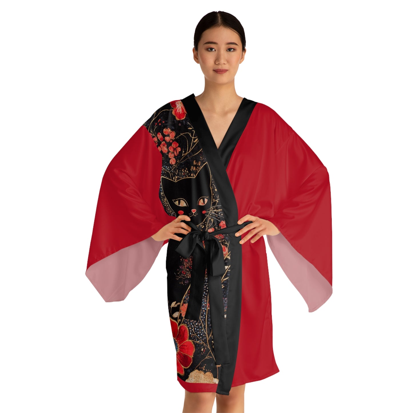 Geisha Cat Elegant Long Sleeve Kimono Robe, Cozy Loungewear, Perfect Gift for Her, Zen Home Decor, Cat Lovers' Style