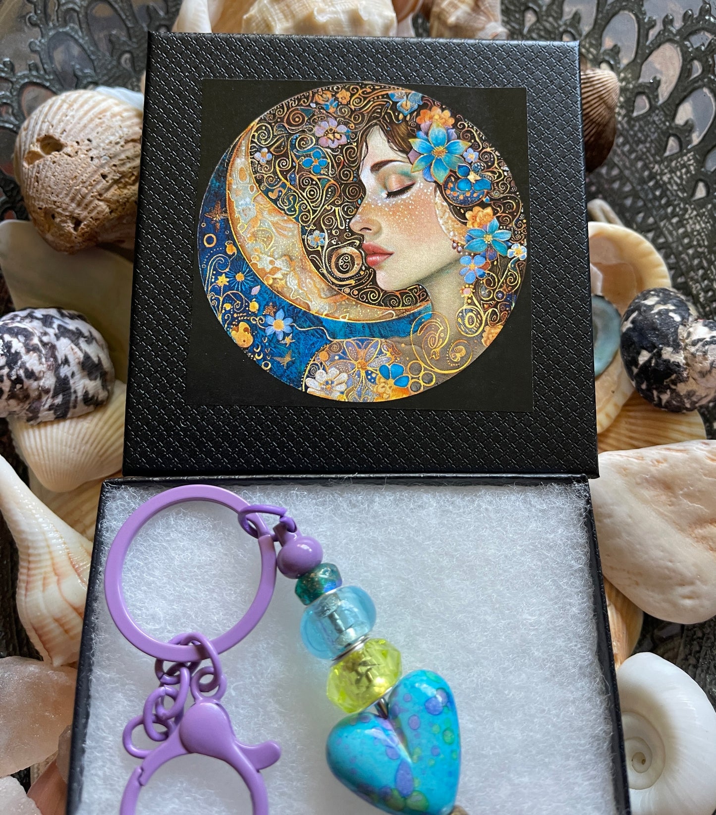 Colorful Beaded Keychain with Heart Charm and Lady of The Moon Gift Box