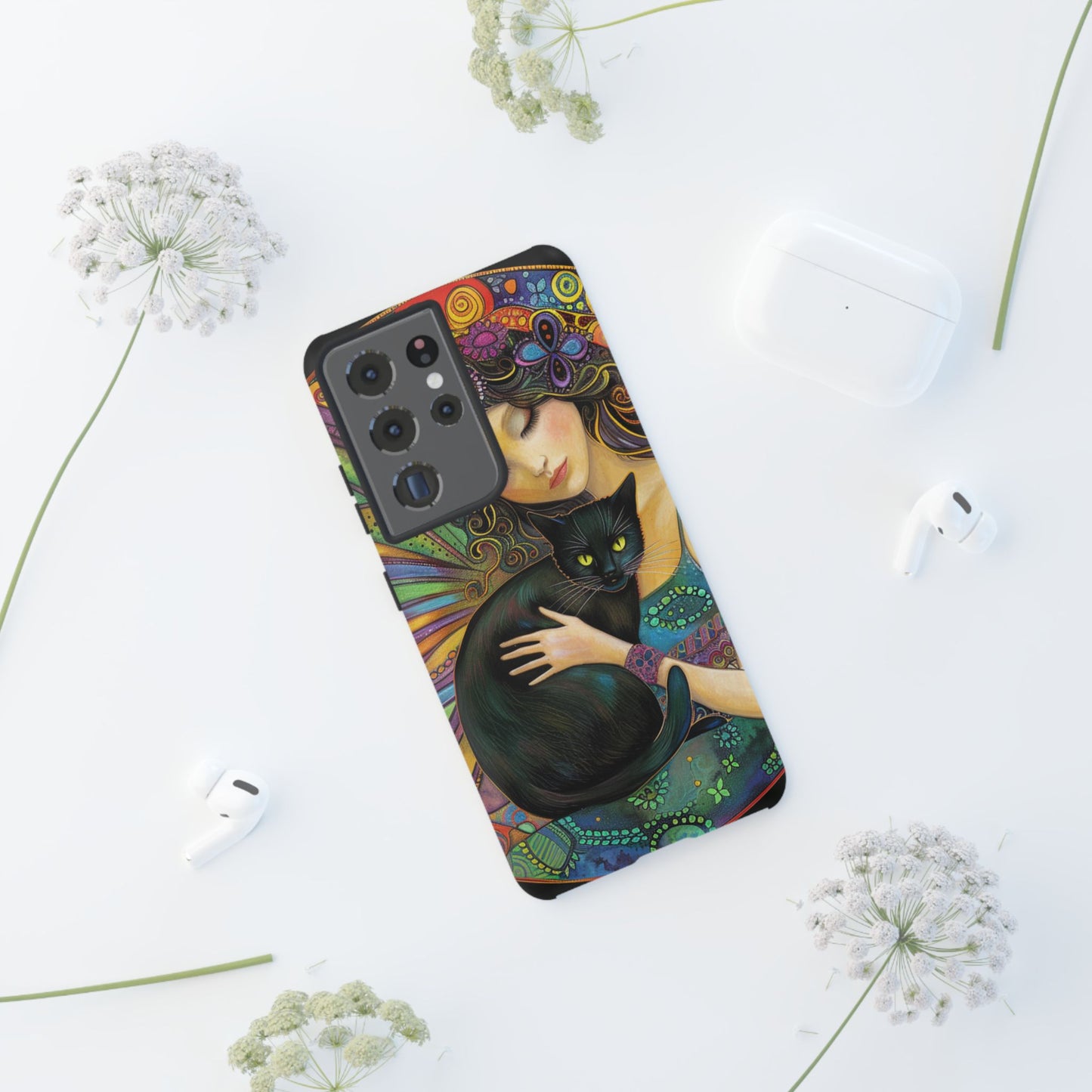 Artistic Phone Case, Celestial Cat Case, Bohemian Style, Gift for Cat Lovers, Unique Phone Protection, Colorful Design