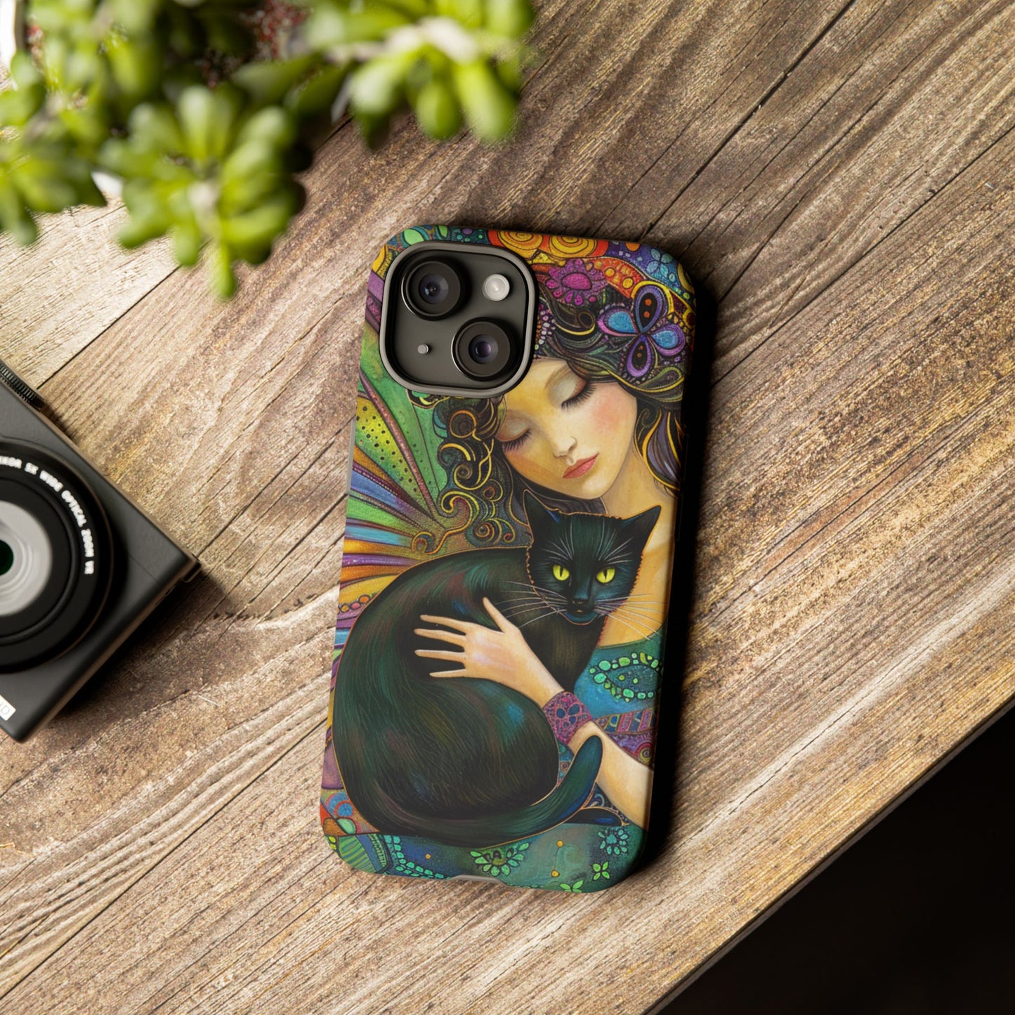 Artistic Phone Case, Celestial Cat Case, Bohemian Style, Gift for Cat Lovers, Unique Phone Protection, Colorful Design