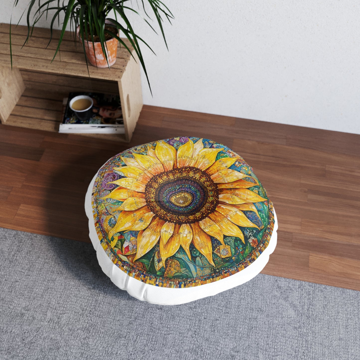 Sunflower Tufted Floor Pillow, Round - Boho Home Decor, Cozy Seating Cushion, Flower Pattern Accent Pillow, Nature Inspired Gift